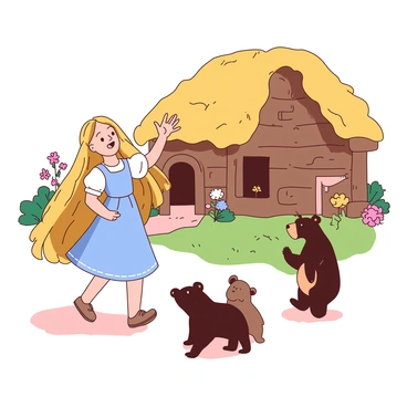 Goldilocks, with long, flowing golden hair, is waving goodbye outside a rustic cottage. She is wearing a light blue dress with white accents. In the foreground, three bears of different sizes—one large, one medium, and one small—are standing together, watching her depart. The large bear, with brown fur, has a gentle expression, while the medium bear is slightly crouched, and the small bear is waving its paw in farewell. The cottage, made of logs, has a thatched roof and colorful flowers blooming around it. The scene conveys a sense of warmth and fondness as Goldilocks turns to glance back at the bears while stepping away from the cottage.