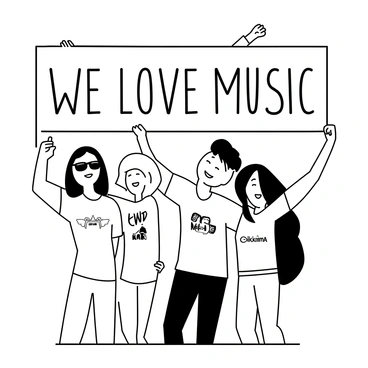 A group of music fans standing together at a concert. They are holding a large banner that reads "We Love Music" in bold letters. Each fan is wearing themed T-shirts featuring the logos of various bands. One fan has short hair and is wearing sunglasses, while another has long hair and is waving their arms in excitement. The scene captures the energy and enthusiasm of the crowd as they enjoy the performance.