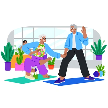 An elderly couple practicing the cat-cow stretch on colorful yoga mats in a bright senior center. The man has gray hair and is wearing a light blue shirt and comfortable pants. The woman has short white hair, dressed in a floral-patterned top and leggings. They are both smiling and looking at each other, surrounded by large windows that let in ample sunlight. Soft green plants are placed around the room, adding to the inviting atmosphere. Other seniors can be seen in the background, engaging in various fitness activities.
