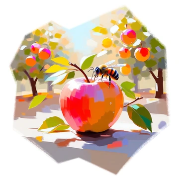 A detailed scene in an orchard featuring a "honeybee" perched delicately on a "ripe apple." The apple is red and glossy, with a few droplets of dew on its surface. Surrounding the apple, there are green leaves and branches, creating a natural setting. The background showcases more apple trees laden with fruit, bathed in warm sunlight filtering through the foliage. The bee is depicted with its fuzzy body and wings slightly spread, emphasizing its role in the vibrant ecosystem of the orchard.
