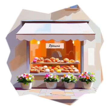 A quaint French patisserie situated in the picturesque region of Alsace features a charming storefront. The window is adorned with an array of delightful pastries, including colorful macaroons, flaky croissants, and elegant éclairs. The building has a traditional half-timbered façade, with flower boxes filled with vibrant geraniums beneath the window. A small sign above the entrance reads "Pâtisserie," inviting passersby to enter and enjoy the sweet offerings inside. The scene is bathed in soft natural light, enhancing the freshness of the pastries on display.