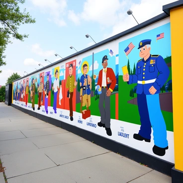 A large public wall features a vibrant mural that showcases the stories of various veterans throughout history. The mural includes a series of distinct panels, each illustrating a different veteran from a specific era, such as the Revolutionary War, World War I, World War II, and modern conflicts. Each panel is filled with bold colors and expressive characters, depicting the veterans in their uniforms, engaged in significant moments of their service. Surrounding the panels are symbolic elements, such as flags, medals, and significant dates, all richly detailed and visually interconnected. The mural captures the essence of bravery, sacrifice, and honor, inviting viewers to reflect on the diverse experiences of these veterans.