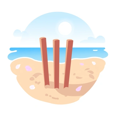 Improvised cricket stumps are constructed from sand and seashells, standing prominently on a sunny beach. The stumps are tall and surrounded by a small area of sparse beach grass. The sand beneath them is smooth and fine, with small footprints leading up to the stumps. In the background, gentle waves of the ocean are lapping at the shore, and the sun is shining brightly in the clear blue sky, casting long shadows of the stumps onto the sand. Various small seashells are scattered around, adding texture to the sandy beach scene.