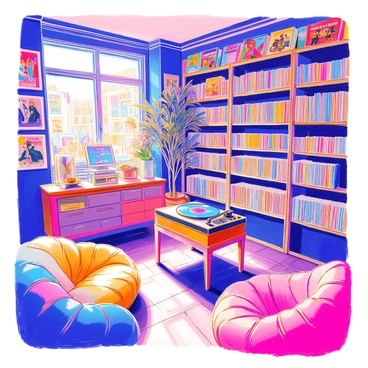 A cozy record shop is filled with rows of vinyl records arranged neatly on wooden shelves. The walls are adorned with colorful posters of "iconic musicians from the 70s," featuring vibrant album covers and concert images. In one corner, a vintage turntable is set up on a small table, with a record playing softly. There are comfortable bean bags scattered around the shop for visitors to sit and listen. A warm light illuminates the space, creating an inviting atmosphere for music lovers.