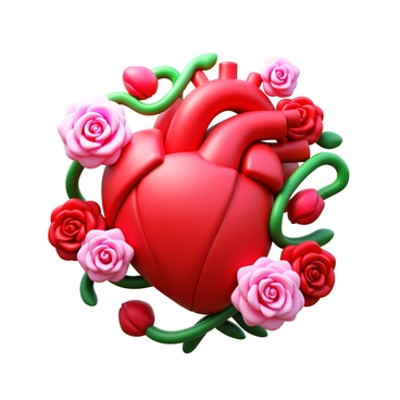 A human heart surrounded by blooming roses in vibrant red and soft pink hues. The heart is detailed with visible arteries and veins. Green vines twist elegantly around the heart, accentuating the natural elements. The roses are in full bloom, showcasing layered petals, and some are delicately resting against the heart's surface. The composition emphasizes the connection between the heart and the surrounding roses and vines.