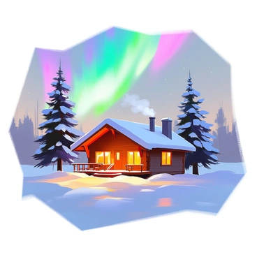 A snowy winter landscape featuring a cozy cabin with smoke gently rising from its chimney. The cabin is made of dark wood, with warm golden light emanating from its windows, suggesting a comfortable atmosphere inside. Surrounding the cabin are tall pine trees blanketed in fresh snow, their branches heavy with white. The sky above is illuminated by vibrant northern lights, swirling in shades of green and purple, casting a magical glow over the serene scene. The ground is covered in a thick layer of snow, reflecting the colors of the sky.