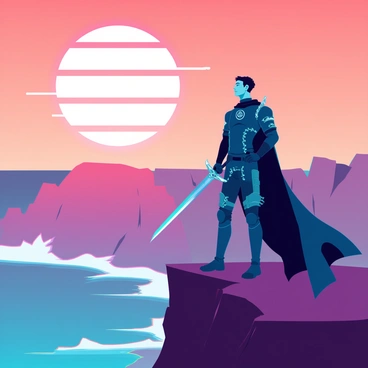 A lone swordsman with a strong build and short, dark hair stands on a rugged cliff, gazing into the distance. He wears a dark armor adorned with intricate designs and a long flowing cape that billows dramatically in the wind. The setting sun casts a warm, golden hue across the sky, creating a stunning gradient of oranges and purples. The cliffs are jagged and rocky, and the ocean can be seen crashing against the base below. In his hand, he grips a finely crafted sword with a detailed hilt, reflecting the last light of the day.