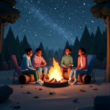 A group of four friends sitting around a campfire. Two friends are sitting on a log, while the other two are sitting on camping chairs. The campfire is crackling with bright orange flames and glowing embers. The friends are laughing and talking; one friend, wearing a green hoodie, is roasting a marshmallow on a stick. The other friends are wearing jackets, one in blue and the other in red. Above them, a clear night sky filled with stars sparkles brightly, with the Milky Way visible in the background. The surrounding forest is dark and shadowy, and the ground is covered with fallen leaves and twigs.