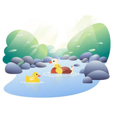 A tranquil woodland stream flows gently through the scene, reflecting the soft colors of the surrounding nature. Smooth stones of various sizes are scattered along the banks and partially submerged in the water. In the foreground, a family of ducks is paddling gracefully in the stream, consisting of a mother duck with brown feathers and her ducklings, which are covered in soft yellow fluff. Lush green foliage extends along the edges of the stream, with dappled sunlight filtering through the leaves and casting gentle shadows on the water. The atmosphere is calm and inviting, showcasing a harmonious interaction between the ducks and their natural habitat.