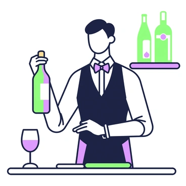 A sommelier is standing confidently, holding a wine bottle with a label clearly visible in one hand. He is wearing a neatly pressed white shirt and a black vest, complemented by a bow tie. His other hand is poised near the bottle's cork, ready to uncork it. The sommelier's expression is focused and professional as he prepares for the wine tasting. In the background, a wine glass sits on a polished wooden table, waiting to be filled, and several wine bottles are displayed on a shelf behind him.