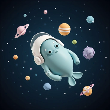 A blobfish, with its distinct, gelatinous body and large, droopy features, is wearing a futuristic space suit that fits snugly around its unique shape. The space suit is glossy with various buttons and tubes, adding to its robotic appearance. The blobfish is floating peacefully in the vastness of space. In the background, numerous colorful planets of different sizes and textures are scattered across a starry sky filled with shining stars. Some planets have rings, while others display vibrant colors, enhancing the cosmic scene. The overall composition captures the surreal essence of the blobfish's adventure in the cosmos.