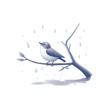 A bird perched on a branch as raindrops gently fall around it