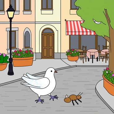 A white dove with iridescent feathers is walking beside a small brown ant on a cobblestone street lined with quaint, pastel-colored buildings. The street is adorned with potted flowers in vibrant hues, and a vintage lamppost stands at the corner with a soft glow. In the background, a café with outdoor seating is visible, complete with red and white checkered tablecloths. The dove has a subtle tilt of its head, while the ant is making its way purposefully along a crack in the pavement. A gentle breeze rustles the leaves of nearby trees, creating a lively atmosphere.