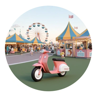 A mini bike, painted in bright red with white accents, is parked on a grassy area outside a bustling carnival. The carnival has colorful tents with stripes of yellow and blue, and lights twinkling in the early evening sky. In the background, there are several rides, including a tall Ferris wheel with brightly lit cabins and a spinning carousel adorned with ornate horses. Game booths are lined up, featuring vibrant signage and stuffed animals hanging as prizes. Families and children are walking around, enjoying the festivities, while the scent of popcorn and cotton candy fills the air.