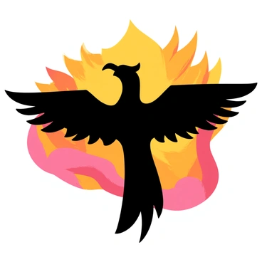 A phoenix with its wings outstretched is positioned prominently in the center of the image. The phoenix is depicted as a dark silhouette, contrasting sharply with the background. The background features an explosion of vibrant colors, showcasing a gradient of orange, pink, and yellow hues that blend seamlessly into one another, creating the effect of a beautiful sunrise. The edges of the phoenix are sharp, highlighting its majestic form against the dynamic colors of the sky.