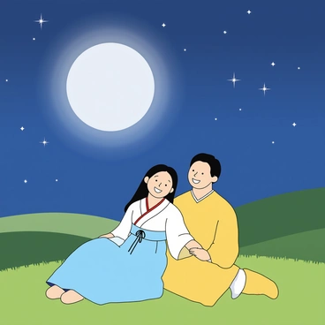 A couple sitting on a hilltop, gazing at the bright Chuseok full moon