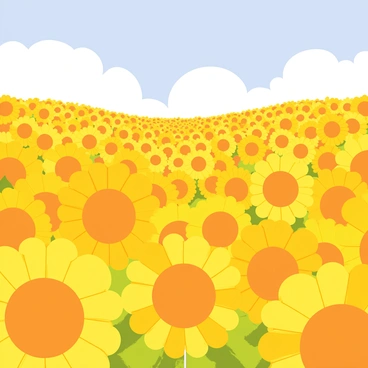A vast field of bright yellow sunflowers stretching towards the horizon under a clear blue sky. The sunflowers have large, round faces and green leaves, all facing the warm sunlight. The perspective of the image features a pronounced curvature, enhancing the view of the blooms filling the foreground and leading to smaller sunflowers in the distance. The scene captures the abundant beauty of nature in full bloom.