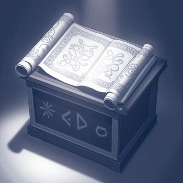An ornate wooden altar is positioned in a dimly lit space, showcasing ancient scrolls placed carefully upon its surface. The scrolls are covered with intricate mystical symbols, their designs winding and elaborate. A soft, ethereal light emanates from the symbols, creating an enchanting glow that contrasts with the dark surroundings. The altar is adorned with subtle carvings, hinting at a long history, while shadows play across the surface, adding depth to the scene. The atmosphere is filled with a sense of mystery and ancient knowledge.
