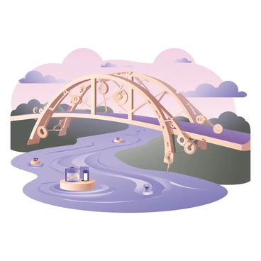 A digital flat illustration depicting a bridge constructed from intricate "clock hands" stretching gracefully over a "river of flowing time." The clock hands are of various sizes and designs, showcasing their metallic gleam under the light. The river below is illustrated with swirling waves, featuring shades of blue and silver, symbolizing the concept of time. Small watch gears and hourglass icons are scattered along the riverbanks, emphasizing the theme of time. In the background, delicate clouds drift across a twilight sky, further enhancing the ethereal atmosphere of the scene.