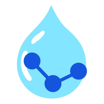 A close-up view of two water molecules connected by a "hydrogen bond." The water molecules are depicted as distinct blue spheres, showcasing their round shapes. The bond appears as a thin, glowing line extending between the two spheres. Surrounding the molecules, a droplet of water is visible, with a curved surface and shiny highlights that reflect light, enhancing the three-dimensional effect. The overall image emphasizes the molecular interaction with crisp details and vibrant colors.