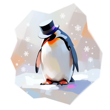 A penguin wearing a black top hat is bowing graciously, its body slightly bent forward. The penguin stands on a snowy surface, surrounded by a gentle flurry of snowflakes falling around it. Each snowflake is unique in shape and size, adding to the scene's whimsical charm. The penguin's feathers are sleek and shiny, contrasting with the soft, white snow beneath. The overall atmosphere is one of elegance and playful winter magic.