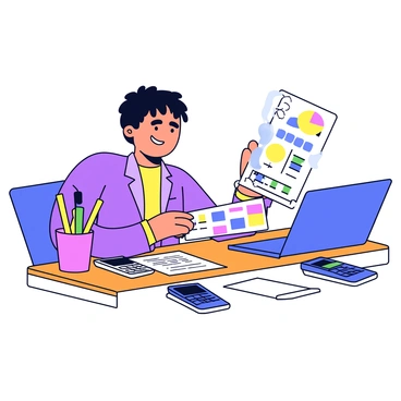 A person with short black hair is sitting at a wooden desk. The desk is cluttered with several calculators and colorful charts. The person is focused on organizing finances, holding a pencil in one hand and looking at a financial report. A laptop is open to the side, displaying spreadsheets with numbers. A cup filled with pens and a notepad are also on the desk, adding to the scene of diligent work.