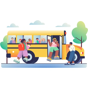 A yellow school bus is parked at the curb, with its doors wide open. Several children of diverse backgrounds are eagerly climbing aboard, their faces filled with anticipation and excitement. One child with curly hair is holding a bright red backpack, while another is waving at a parent standing nearby. The sky is clear with the early morning sunlight illuminating the scene. On the bus, colorful seat cushions are visible through the windows, and some children are chatting animatedly as they settle into their seats. A few trees line the street, their leaves gently rustling in the breeze.