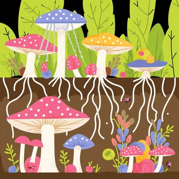 A forest floor covered with various types of fungi, including mushrooms with colorful caps. Below the surface, a network of white mycelium spreads out, intertwining with roots of nearby plants. Beams of light in shades of blue and green radiate from the mycelium, symbolizing communication between the fungi. The scene is rich in detail, featuring leaves and small insects, enhancing the natural setting where the fungi thrive.