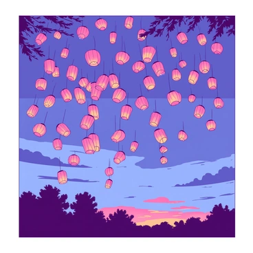 Hundreds of paper lanterns in various shapes and sizes are drifting up into a twilight sky. The lanterns are illuminated from within, casting a warm glow that contrasts with the deepening shades of blue and orange in the evening sky. Some lanterns are clustered together, while others float higher, creating a beautiful cascade effect. The silhouettes of distant trees can be seen against the backdrop of the glowing lanterns, enhancing the magical atmosphere of the scene.