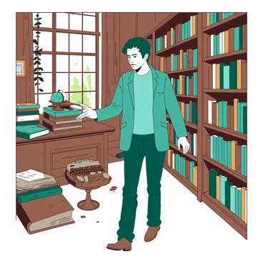 A teal Martin Eden is walking through a dusty vintage bookshop. The shop is filled with wooden shelves that display a multitude of old books in various sizes and colors. Some books are stacked haphazardly, while others are neatly lined up. Unique artifacts, such as antique globes and old typewriters, are scattered throughout the shop, adding to the atmosphere of nostalgia. Dust particles are visible in the warm light filtering through a nearby window, creating a sense of age and history in the space. Martin is reaching out to touch a particularly worn book with a faded cover.