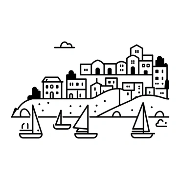 A Mediterranean coast with a series of houses stacked on a hillside. The houses have distinct architectural features with arches and balconies. Some houses have intricate patterns on their walls. In the foreground, several sailboats are anchored in the calm water, their sails furled. The shoreline is lined with rocks and scattered greenery, providing contrast against the buildings. The sky above is clear with a few clouds.