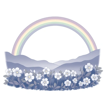 A rainbow arching over a valley. The valley is filled with an array of blooming flowers in various shapes and sizes. The flowers have detailed petals and lush green leaves, creating a vibrant landscape. The sky is clear, allowing the full arc of the rainbow to be visible above the scene. The overall composition captures the beauty of nature in a tranquil setting.