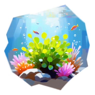 A vibrant underwater scene featuring lush green algae flourishing in clear blue water. The algae are densely packed, their leaves swaying gently with the movement of the water. Sunlight filters through the surface, creating dappled patterns of light on the ocean floor. Small fish swim around the algae, adding splashes of color with their scales. Bubbles rise from the algae, illustrating the process of carbon dioxide absorption. Various colorful corals and rocks can be seen in the background, enriching the underwater landscape.