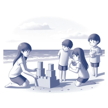 A group of children is engaged in building sandcastles on a beach. Ichinose, a girl with long hair, is kneeling beside a detailed sandcastle, smoothing the sand with her hands. Beside her, two friends are adding towers made of sand, using small buckets and shovels. The beach is filled with bright sunlight, casting shadows on the fine grains of sand. In the background, waves are crashing onto the shore, creating foam as they reach the sand. There's a clear sky above with a few scattered clouds.