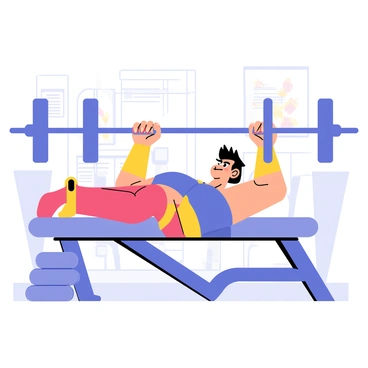 A comic book style panel depicting a muscular hero performing skull crushers. The hero has short, spiky hair and is wearing a tight-fitting, vibrant blue and red costume. He is lying on a weight bench with a barbell above him, arms extended. The weight bench has a sleek design, and weights are stacked on either side of the barbell. The background features a gym setting, with workout equipment and posters on the walls. The expression on the hero's face shows determination and focus as he lifts the barbell.