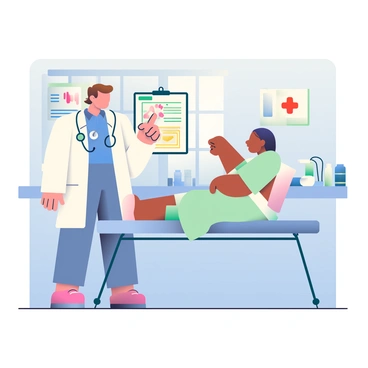 A doctor with light skin and short brown hair is standing beside a patient’s health chart displayed on a clipboard in a modern examination room. The doctor is wearing a white lab coat, a blue shirt, and has a stethoscope around their neck. They are pointing at the chart with their right hand while looking attentively at a female patient sitting on an examination table. The patient has medium skin and is dressed in a light-colored gown, appearing engaged in the conversation. The room features bright lighting, a wall with medical posters, and a window with natural light coming in. On a nearby counter, there are various medical instruments and supplies neatly arranged.