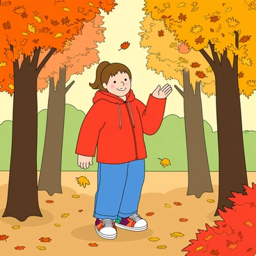 A girl named Tracy Beaker is standing in a wooded area filled with vibrant autumn leaves. She has medium brown hair pulled back into a ponytail and is wearing a red jacket with a hood, blue jeans, and colorful sneakers. Surrounding her are trees with orange, yellow, and red leaves, creating a warm carpet of fallen foliage on the ground. Tracy is smiling and is playfully throwing a handful of leaves into the air, which are caught in mid-fall around her. Gentle sunlight filters through the branches, adding a golden hue to the scene.