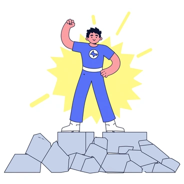 A heroic figure stands triumphantly atop a pile of gray rubble. The hero is clad in a simple, form-fitting costume with a bold emblem on the chest. Their stance is wide and confident, with one fist raised high in the air. Behind the hero, a bright light radiates, creating a silhouette effect that outlines their muscular form. The rubble consists of scattered concrete blocks and debris, emphasizing the scene of overcoming adversity.