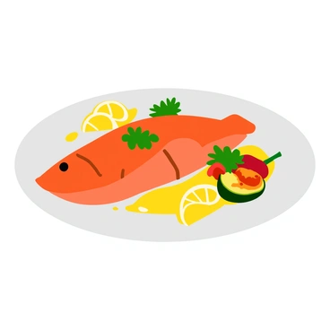 A beautifully cooked redfish, glistening with a golden-brown crust, is placed at the center of a white plate. The fish is garnished with vibrant green herbs such as parsley and dill, adding freshness to the presentation. Slices of bright yellow lemon are arranged artfully around the fish, some resting on top while others are placed beside it, adding a pop of color. The plate is drizzled with a light olive oil that gleams under the light, enhancing the dish's appeal. A small side of colorful roasted vegetables, including red bell peppers and zucchini, complements the main dish, creating a visually striking presentation.