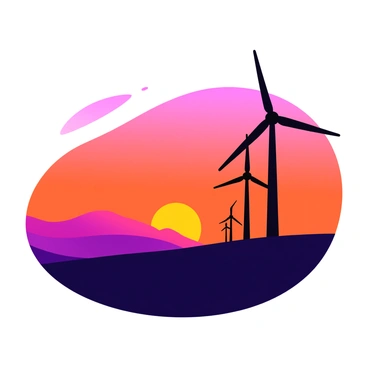 A series of dark silhouettes of wind turbines standing tall on a gently sloping hill. The turbines have long, sweeping blades that are turned by a soft breeze. The sky is filled with vibrant hues of orange, pink, and purple as the sun sets on the horizon. The silhouette of the hill creates a smooth, curved line against the colorful backdrop. The turbines appear to be actively harnessing the energy of the wind as they stand proudly against the dramatic sky.