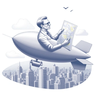 A professor with glasses, wearing a classic academic coat, is piloting a blimp in the sky. He is focused on the sprawling cityscape below, which is filled with buildings of various heights and architectural styles. The professor holds a detailed map in one hand and a compass in the other, leaning slightly forward as he steers the blimp. The blimp is floating against a backdrop of clouds, with a few birds flying nearby, adding to the sense of adventure. The scene captures a moment of exploration and navigation over the dynamic urban landscape.