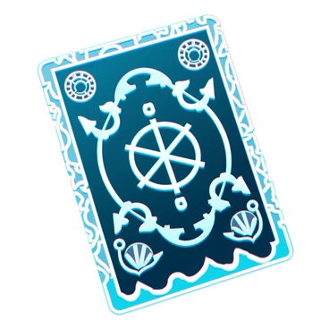 The intricate design of the back of a trading card featuring nautical motifs