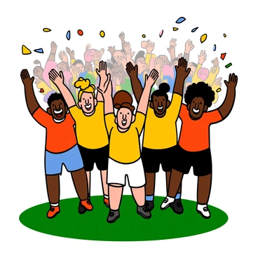 A group of diverse rugby players with various skin tones, wearing bright team jerseys, are celebrating a victory on the field. They are standing in a circle with their arms raised high, showing expressions of joy and excitement. Each player has a wide smile on their face, and their hair styles differ, including short, curly, and long hair. The grass beneath them is lush and green, and the background features a blurred crowd of cheering fans, emphasizing the triumphant moment.
