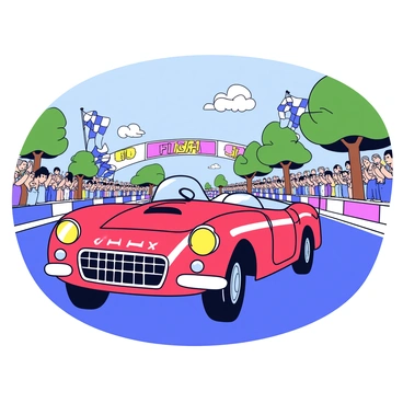 A vintage sports car with a shiny red exterior, featuring chrome details and round headlights, is crossing the finish line in first place. The car has a sleek, aerodynamic shape and racing stripes along its sides. The finish line is marked by a checkered flag waving in the air. In the background, a crowd of spectators is cheering, and colorful banners are displayed, indicating it is a historic race event. The road is lined with trees and vintage signage, adding to the atmosphere of the scene.