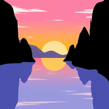 A rock pool filled with still water, reflecting vibrant colors of a sunset in shades of orange, pink, and purple. Dark silhouettes of jagged rocks frame the pool, creating a striking contrast against the colorful sky. The scene captures the tranquil beauty of nature, with the sunset casting a warm glow across the landscape.