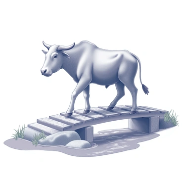 A carabao with a sturdy, muscular build is crossing a small wooden bridge. The bridge consists of several wooden planks supported by wooden beams, and it has a rustic appearance. Below the bridge, a stream flows gently, with visible ripples on the water's surface. The carabao is stepping carefully, with its head held low, showing its large horns and sturdy legs. Surrounding the scene, there are patches of grass along the banks of the stream, enhancing the natural setting.