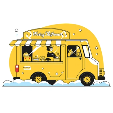 A food truck with "reindeer" graphics is parked on a snowy street. The truck has large windows displaying an assortment of "Christmas cookies" and "pies" arranged neatly inside. A cheerful vendor wearing a festive hat is standing at the serving window, ready to take orders. The truck is adorned with colorful lights that reflect the holiday spirit, and a small sign with "Merry Christmas" is placed prominently on the front. Snow is gently falling around the scene, creating a warm and inviting atmosphere.