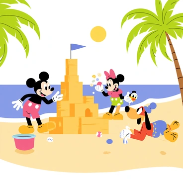 A vibrant tropical island scene featuring a sandy beach with golden sand and crystal-clear blue water. In the foreground, colorful Disney characters are joyfully building sandcastles together. Mickey Mouse is shaping a tall sandcastle, while Minnie Mouse decorates it with seashells. Donald Duck is splashing water from a bucket, and Goofy is playfully lying down in the sand, looking up at the sky. Palm trees with lush green leaves sway gently in the background, and a bright sun shines in a clear blue sky.