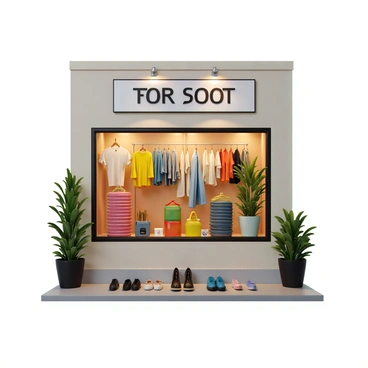 A shop window featuring a variety of colorful products arranged creatively to attract passersby. The display includes neatly stacked clothing items in vibrant colors, such as shirts, dresses, and accessories. There is an assortment of shoes placed strategically at the bottom to catch the eye. The background is adorned with decorative elements like fairy lights and potted plants, adding to the visual appeal. A large sign above the window showcases the shop's name in bold letters. The entire scene is illuminated, enhancing the attractiveness of the products on display.