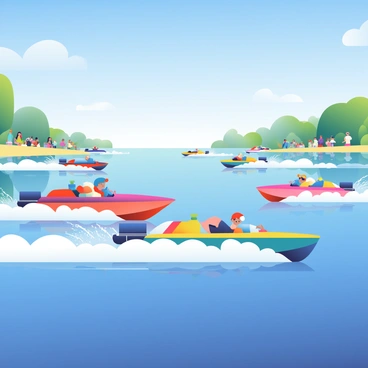 A thrilling speedboat race is taking place on a wide American lake. Several colorful speedboats are zipping across the water, creating splashes and waves. The boats are painted in vibrant hues of red, blue, and yellow, each with distinct designs. The bright summer sky is clear and blue, with a few fluffy white clouds scattered throughout. Along the shores of the lake, green trees and spectators can be seen cheering for their favorite boats. The water reflects the sunlight, creating sparkling highlights across the surface.